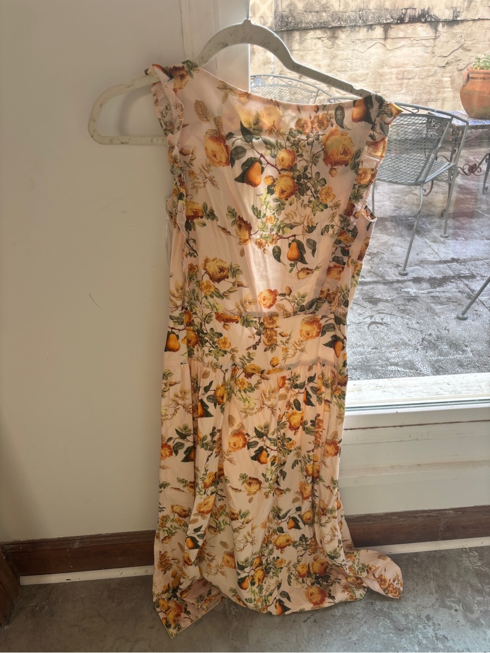 Sleeveless Cream Maxi Dress with Yellow Rose & Green Leaf Print
